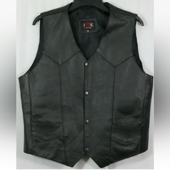 Trim Leather Motorcycle Vest Adult 44 Black Snap Front Biker Riding Grunge Bike - Picture 1 of 5